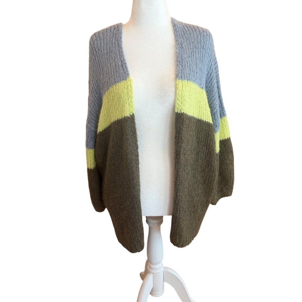 Aerie Chunky Knit Open‎ Front Cardigan XS/S Blue Green Colorblock Mohair Blend